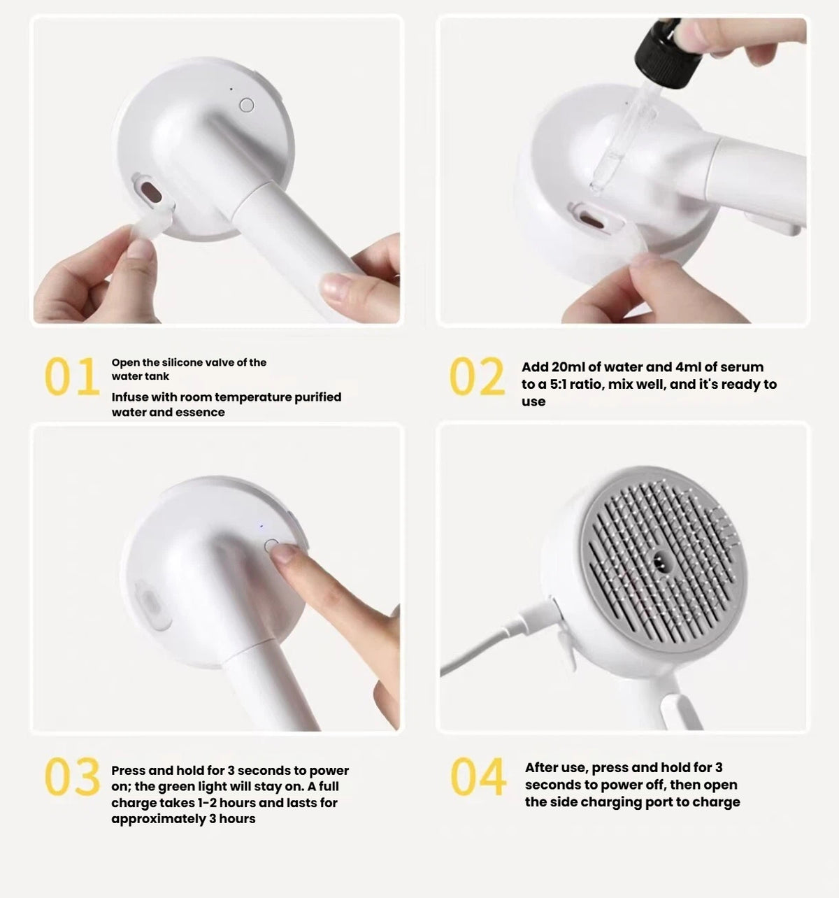 Four-step guide to filling the mist brush water reservoir