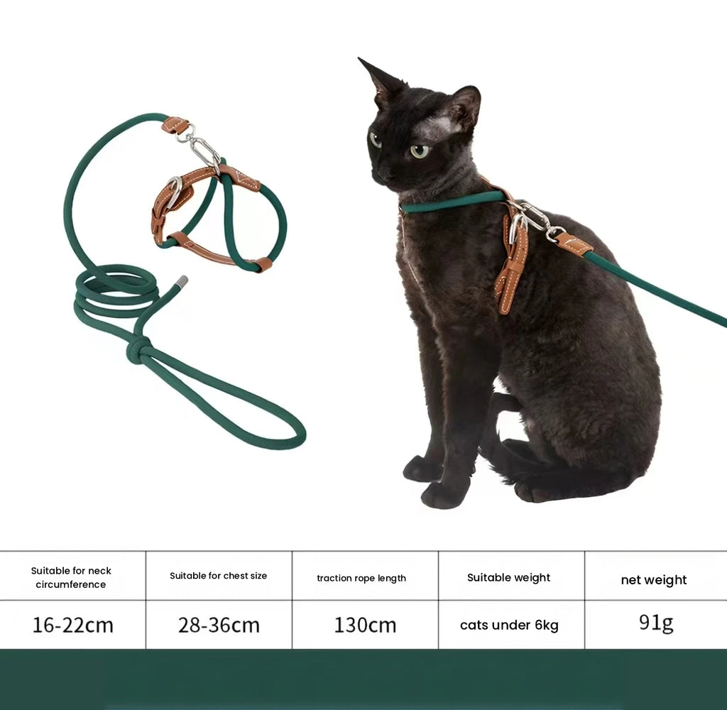 HiDREAM Leather Cat Harness Set - Adjustable Escape-Proof X-Style Harness with Round Leash