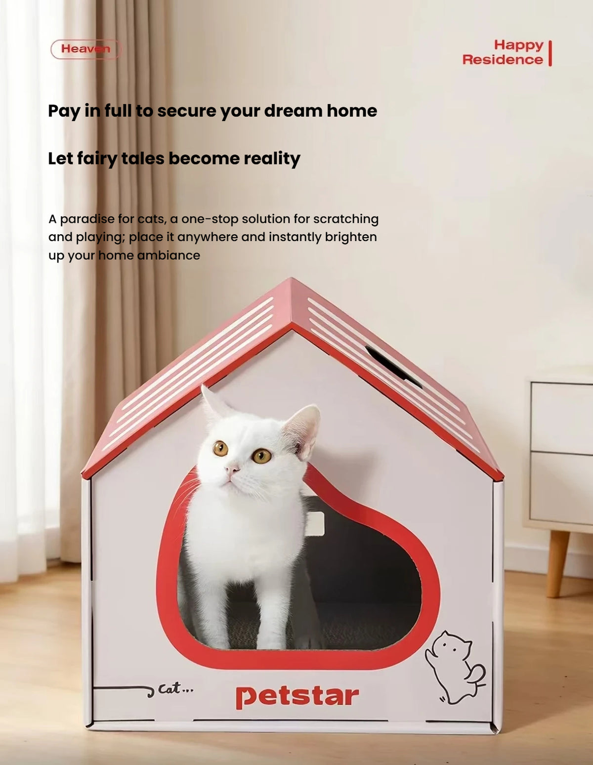 Cat standing in the doorway of a Petstar cardboard scratcher house