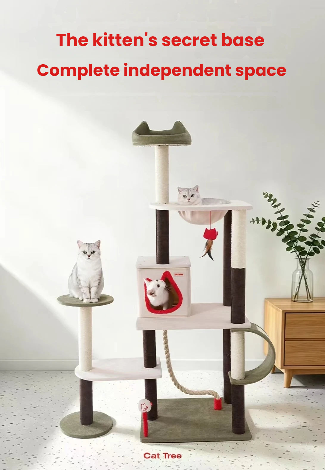 Tall Petstar M cat tree with cats on its platforms and inside the house
