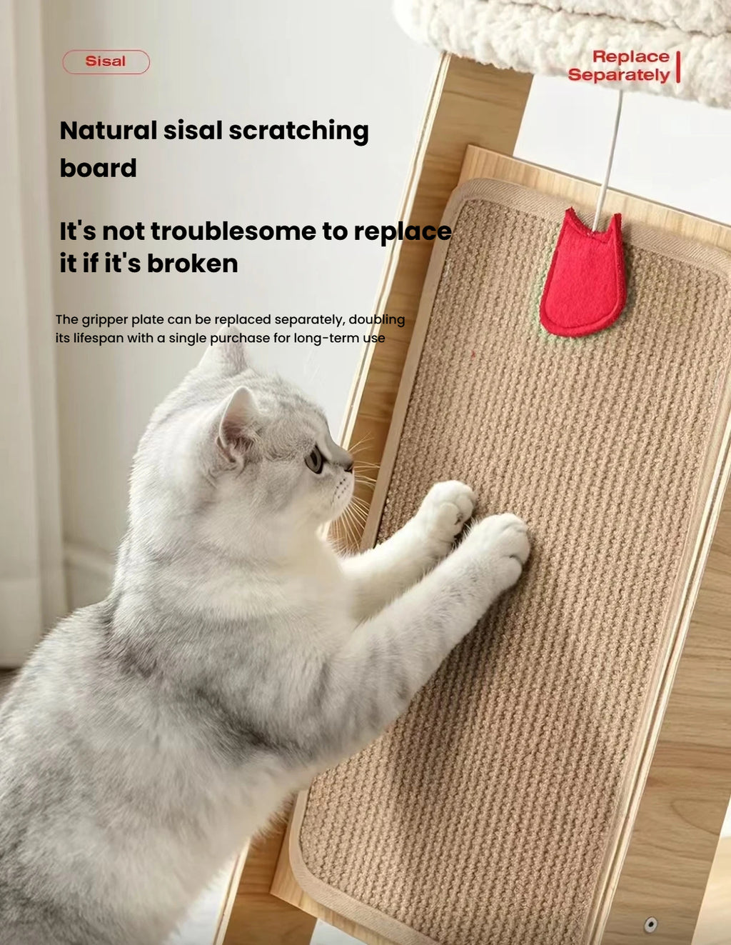 Cat scratching the sisal board on a Petstar wooden cat tree