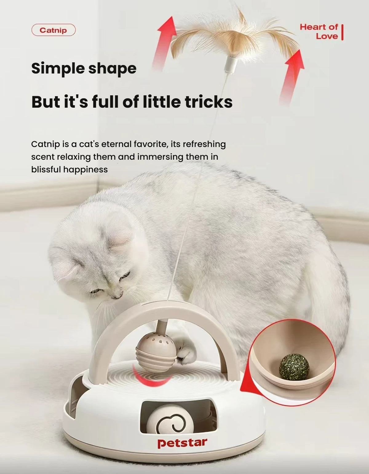 Cat beside the Petstar toy with a close-up of its catnip feature