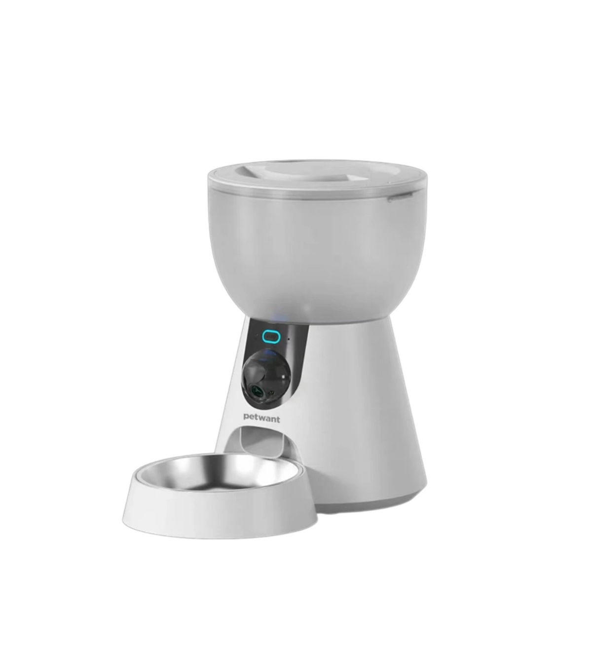 White Petwant F17-C cat feeder with a camera and metal bowl