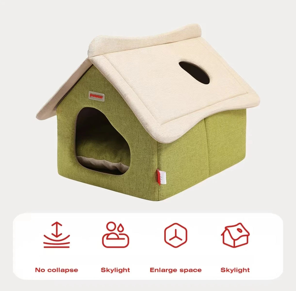 Petstar cat house product view showing roof, doorway and covered bed