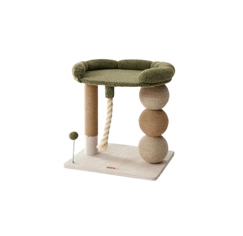 Green Petstar raised cat bed with scratching surfaces, hanging rope and spring ball