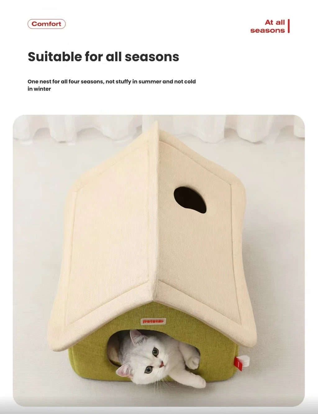 Angled view of the pale roof and green walls of a Petstar cat house
