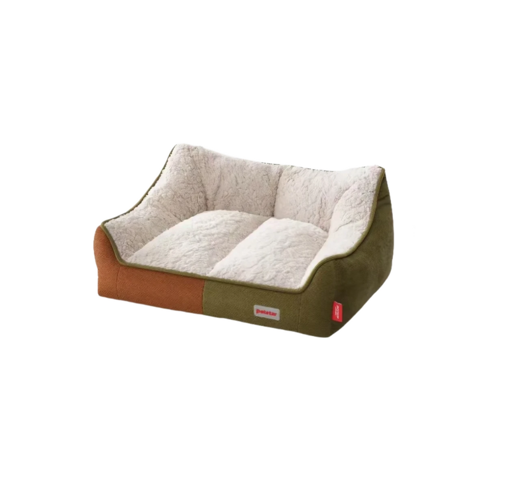 Petstar sofa pet bed with cream lining and green and brown outer panels