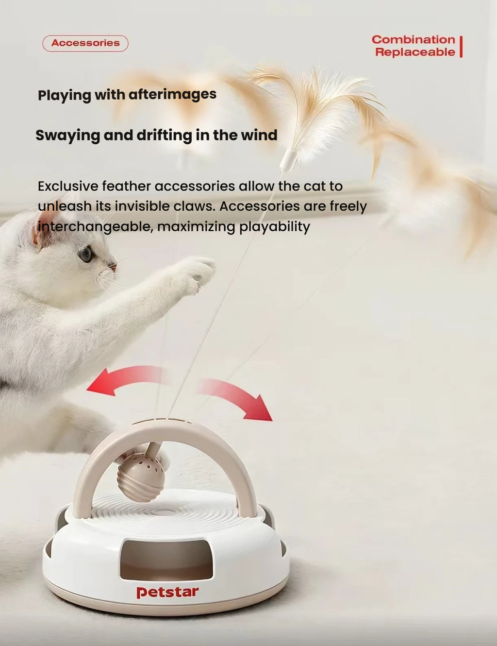 Cat playing with a replaceable feather attachment on the Petstar toy