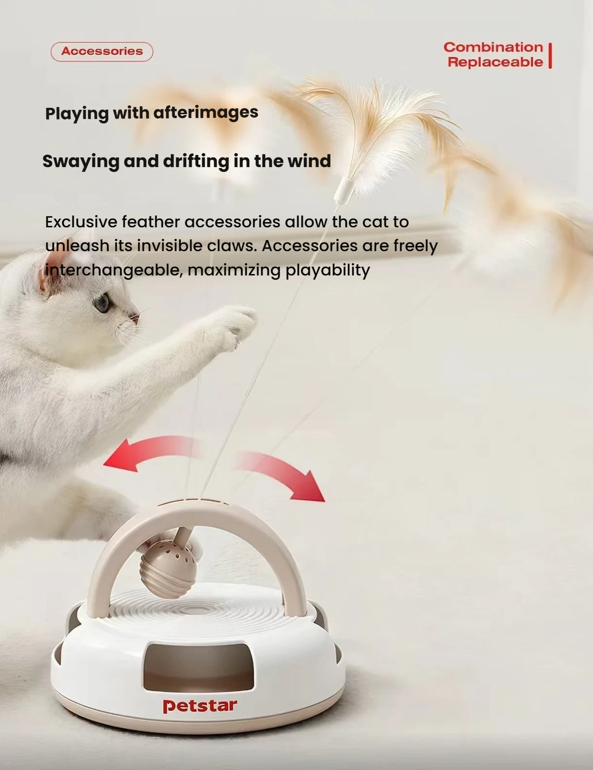 Cat playing with a replaceable feather attachment on the Petstar toy