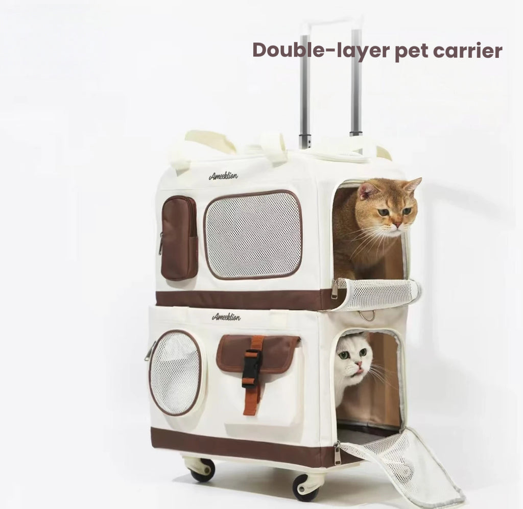 Double-Layer Cat Carrier with Wheels: Large, Breathable Pet Travel Bag