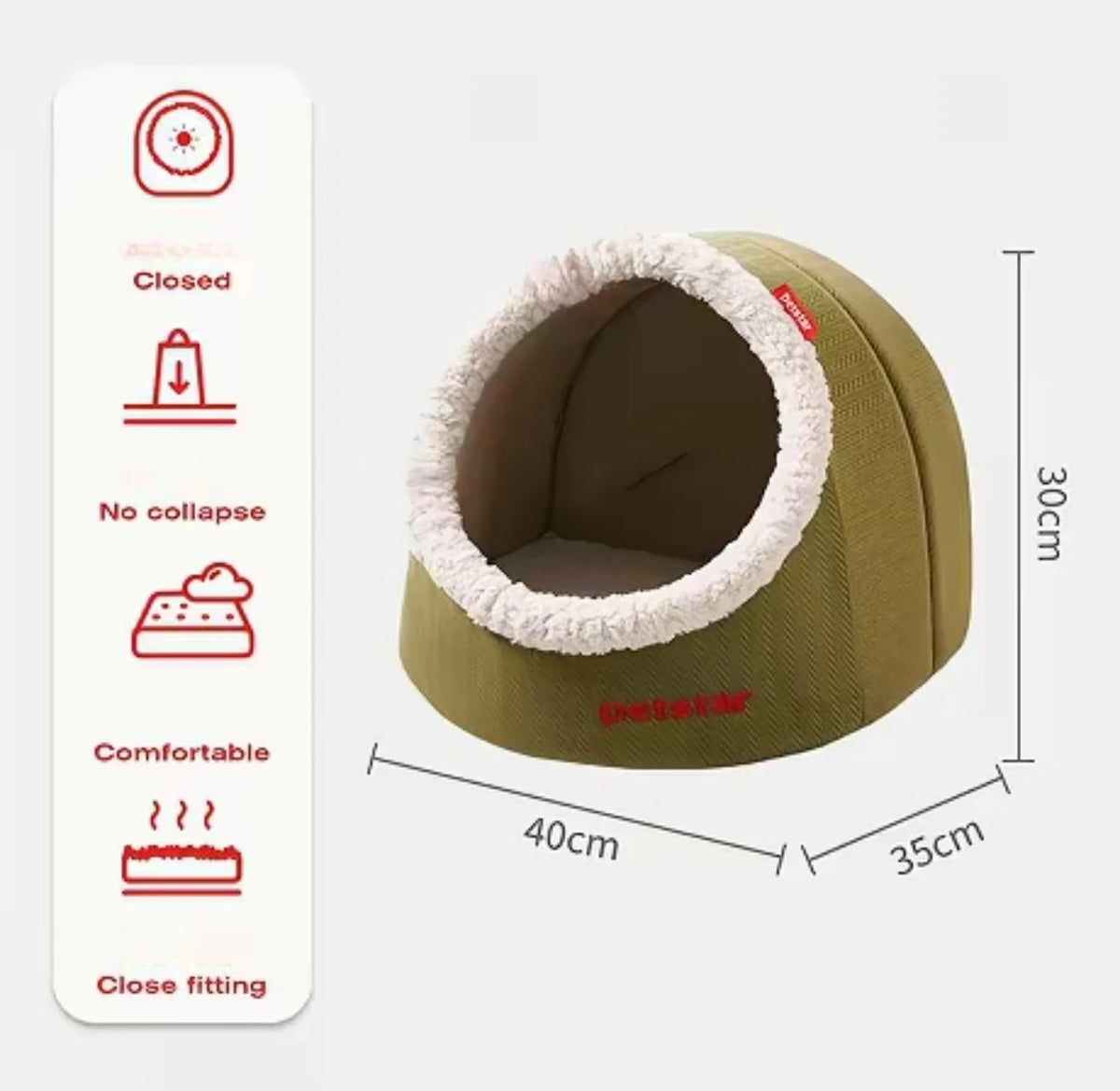 Petstar cat cave size diagram: 40 by 35 by 30 cm