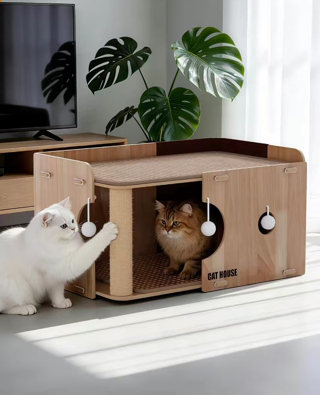 Two cats using the upper and lower levels of the wooden cat bed