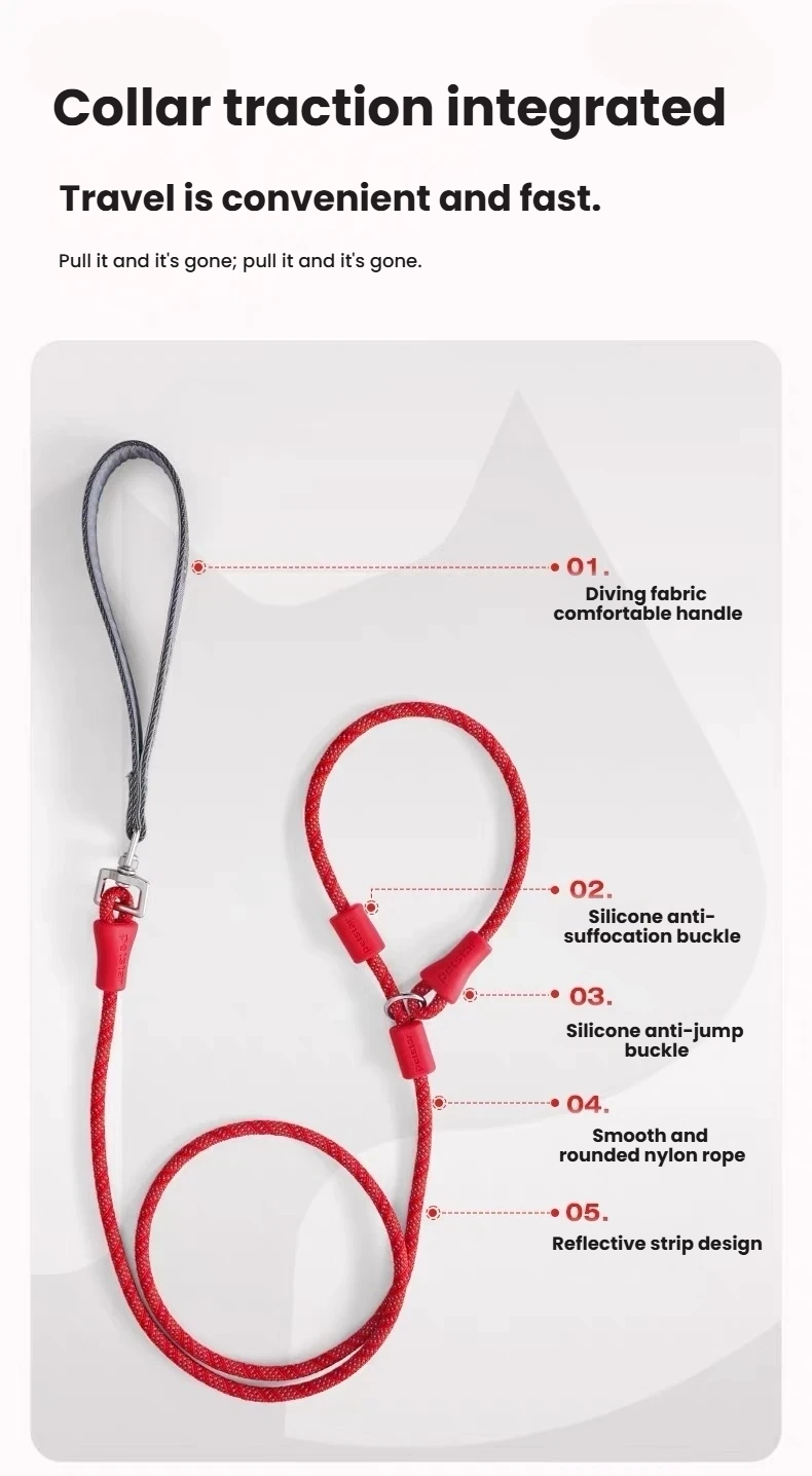 Petstar rope slip lead diagram showing handle, connection and adjustable stops