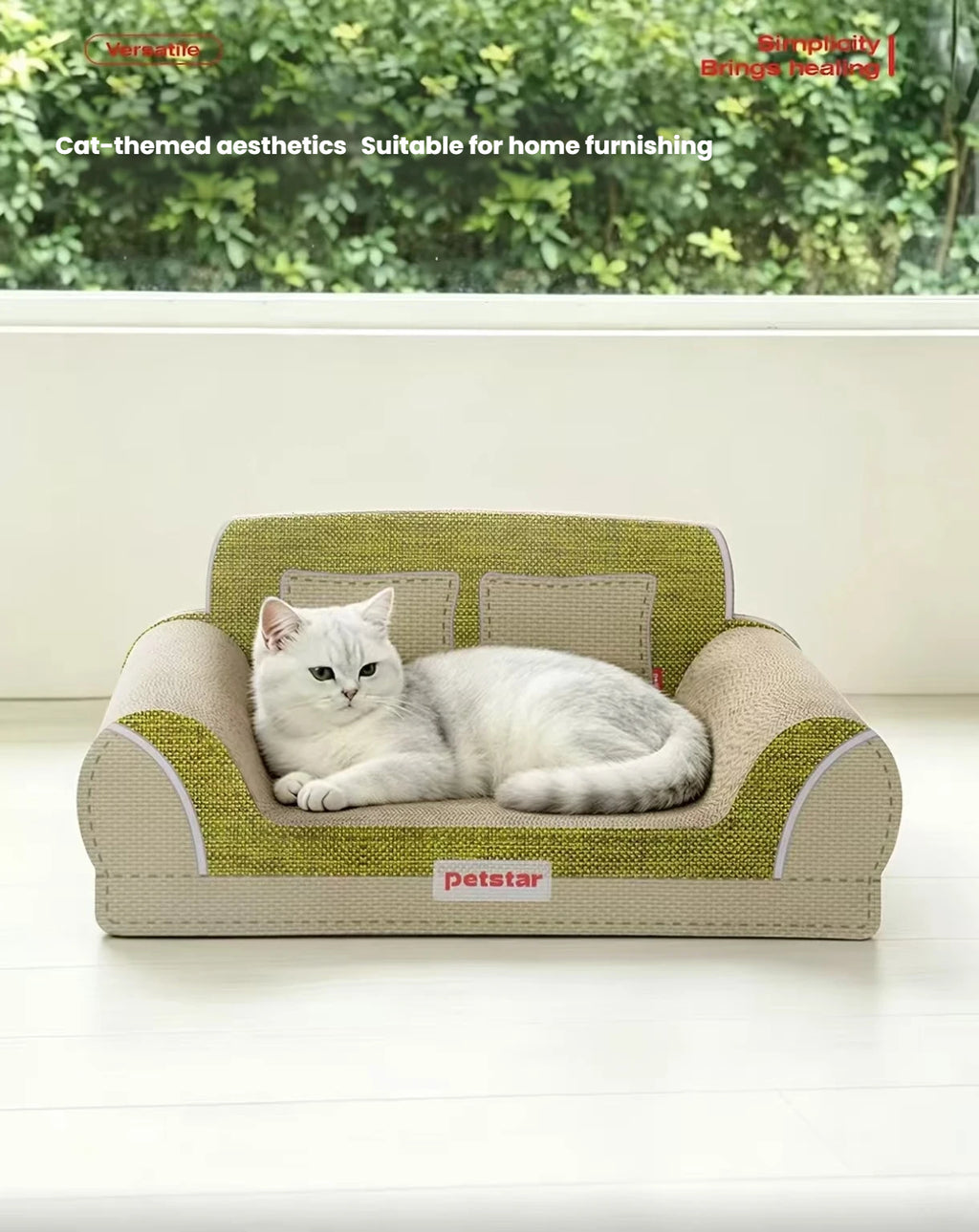 White cat lounging on a Petstar cardboard scratcher sofa beside a window