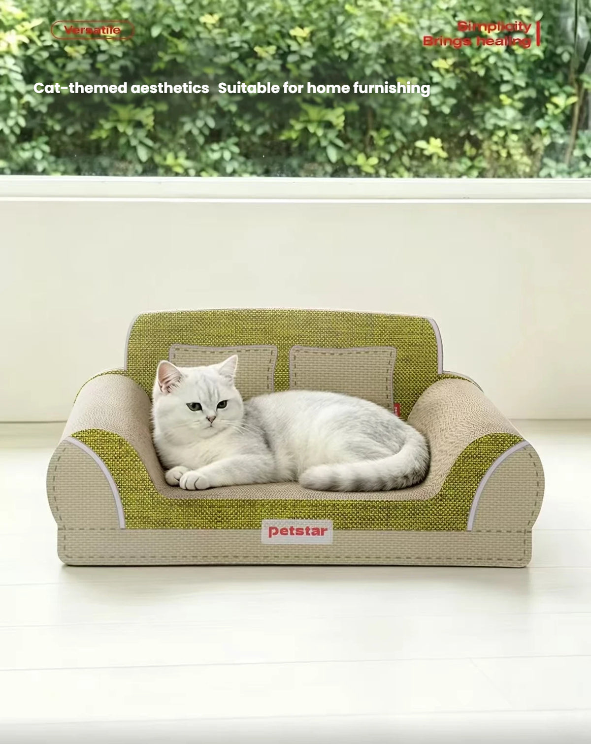 White cat lounging on a Petstar cardboard scratcher sofa beside a window