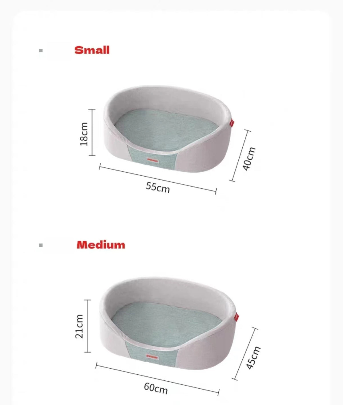 Petstar oval cat bed size chart for Small and Medium