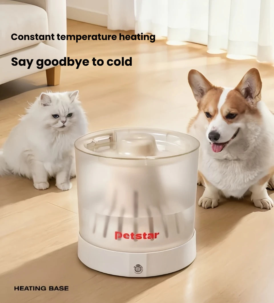 Petstar warming base shown beneath a water container beside a cat and dog