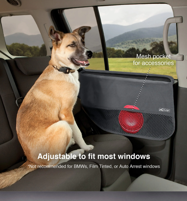 Dog beside a fitted Kurgo car door guard with a lead stored in its mesh pocket