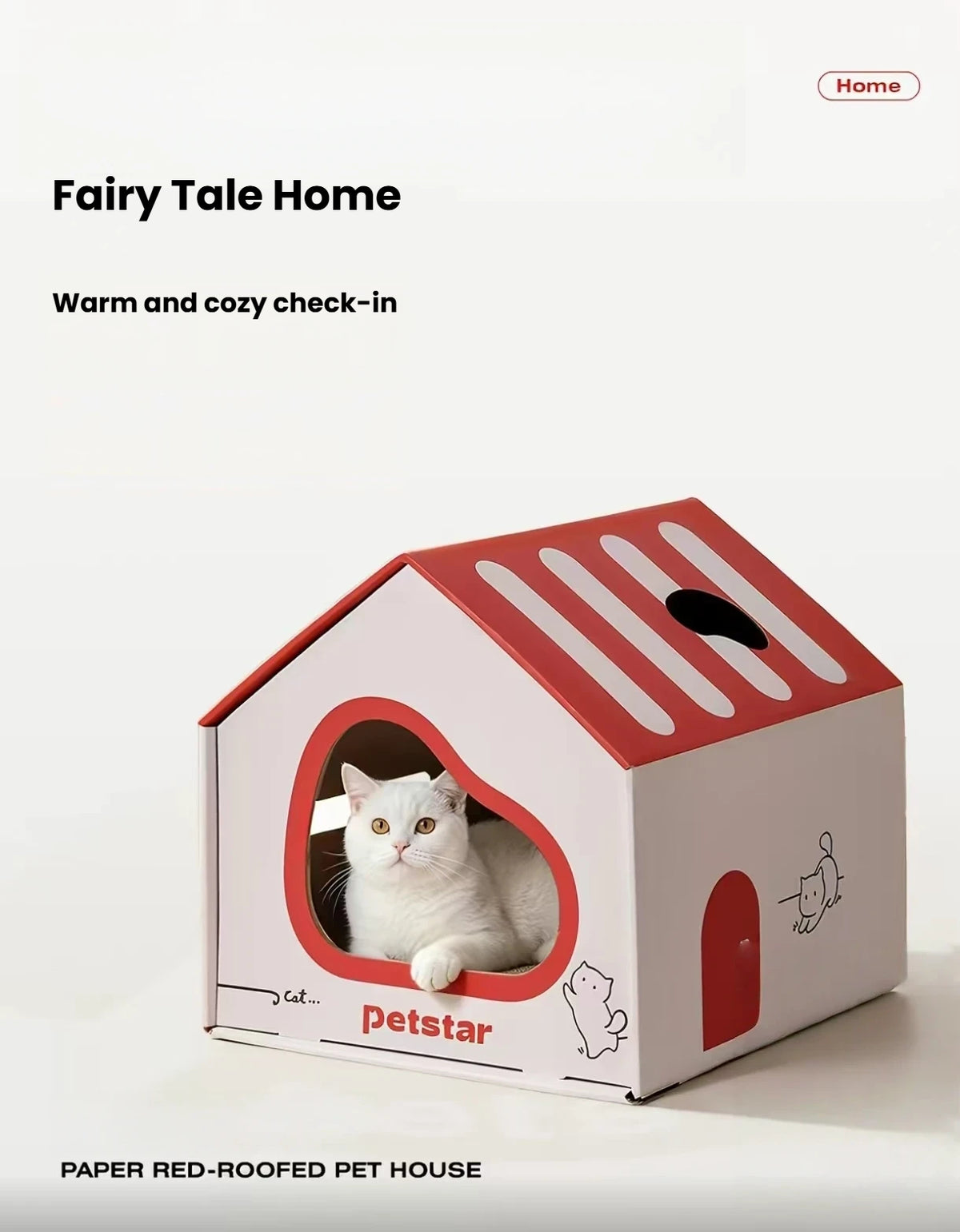 White cat resting inside the red-roof Petstar scratcher house