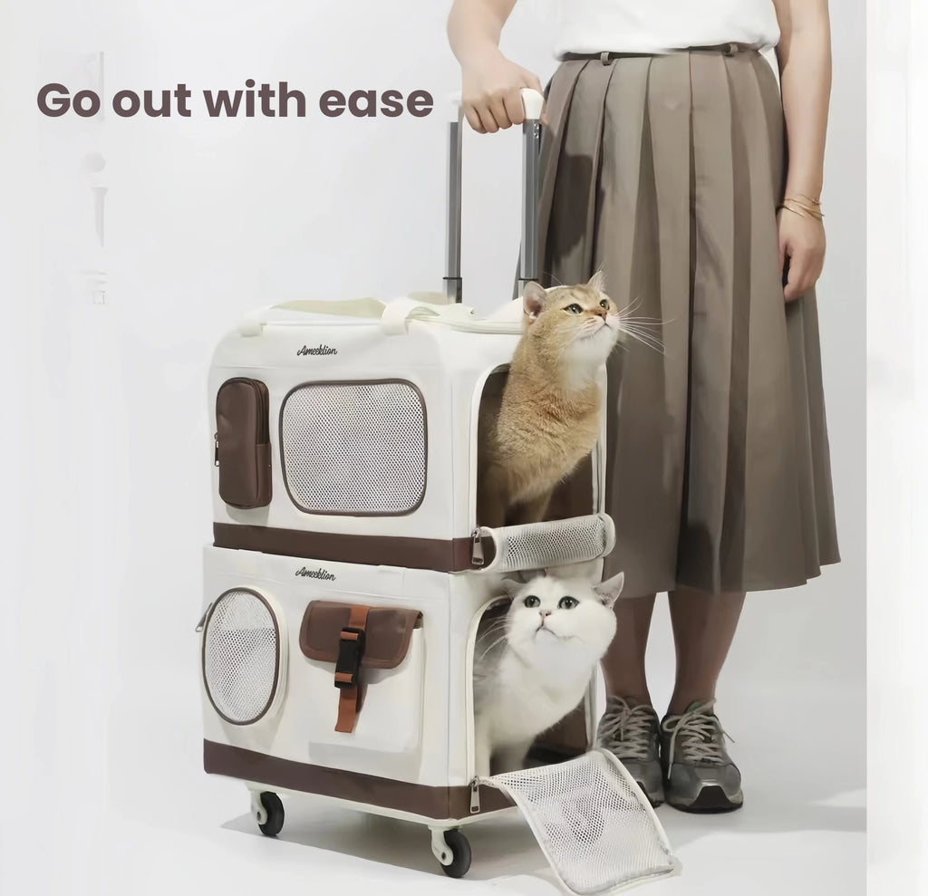 Double-Layer Cat Carrier with Wheels: Large, Breathable Pet Travel Bag