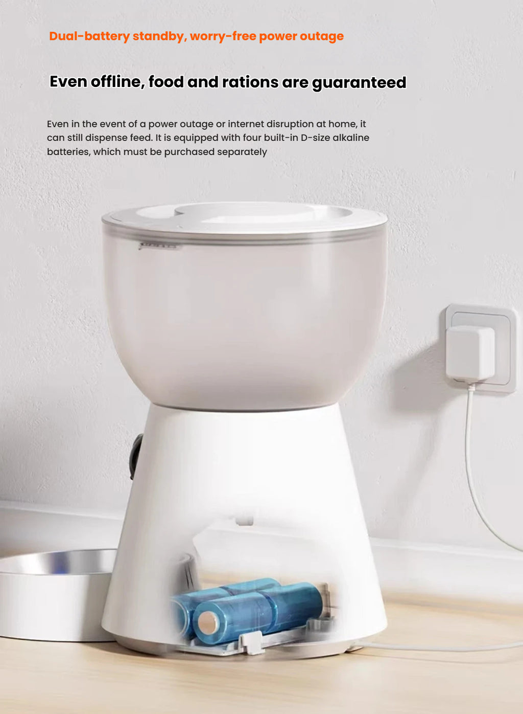 Rear battery compartment and connected power adapter on a Petwant F17-C feeder