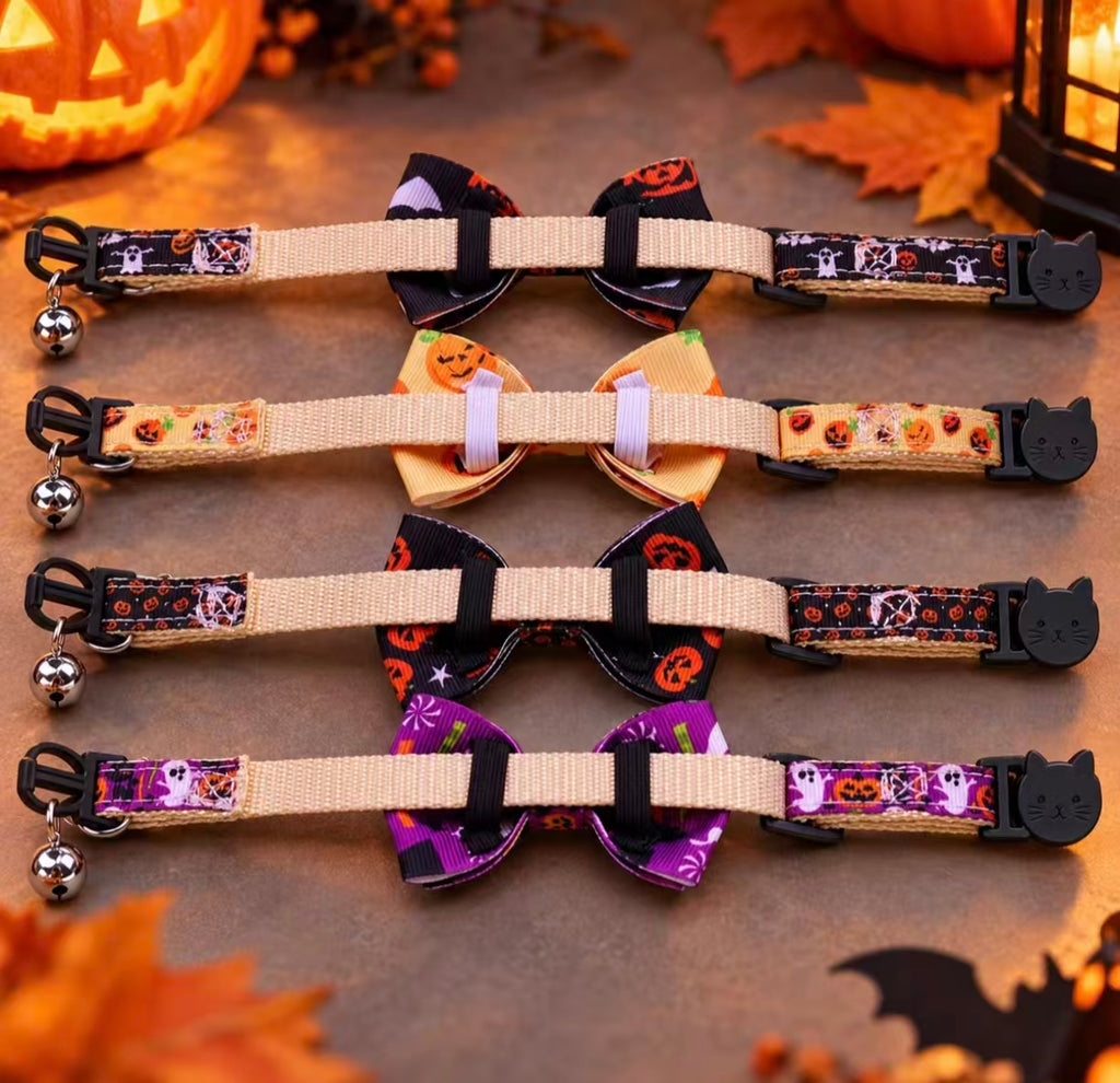 Halloween Pet Collar with Bow Bell, Pumpkin Ghost Cat Accessory