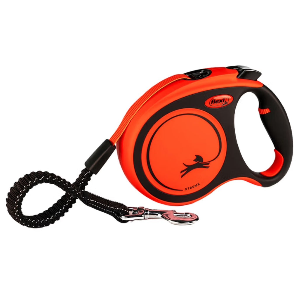 Flexi Xtreme orange retractable tape dog lead with black soft-grip handle and elastic soft-stop section
