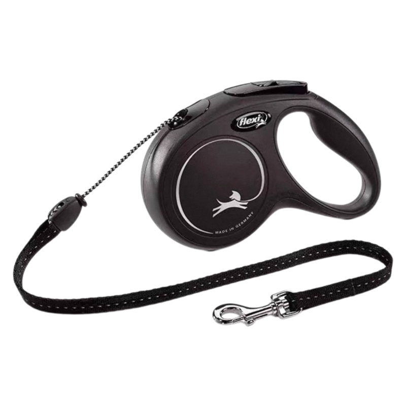 Black Flexi Classic Small retractable cord dog lead with protector belt and silver clip