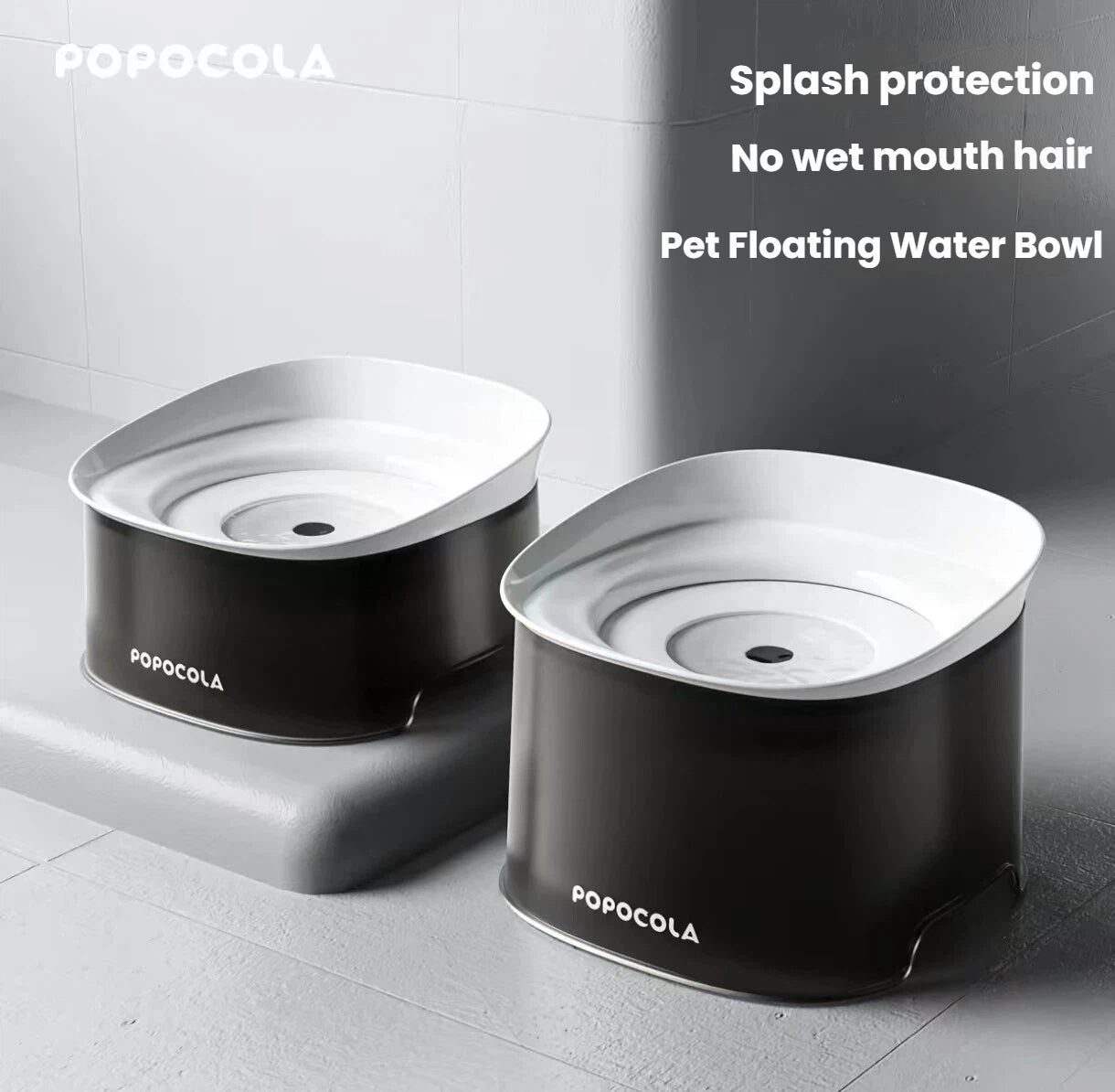 Medium and large Popocola anti-splash pet water bowls in black