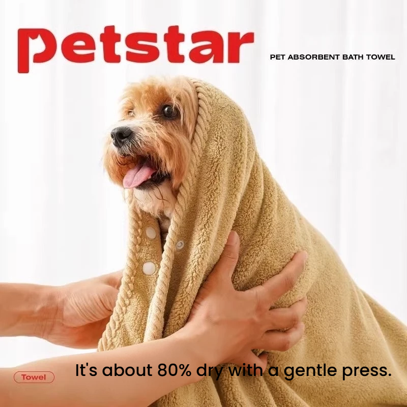 Small dog wrapped in a beige Petstar drying towel