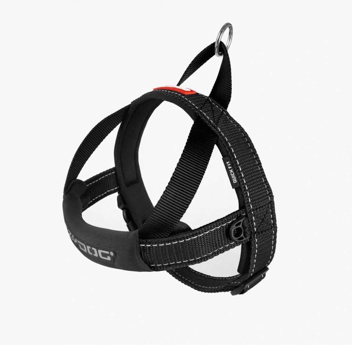 Black EzyDog Quick Fit harness with a top leash attachment ring