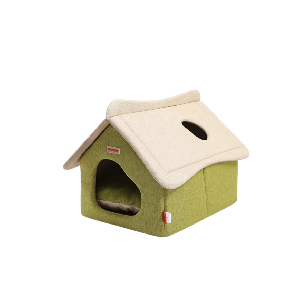 Green Petstar cat house bed with pale pitched roof and round roof opening