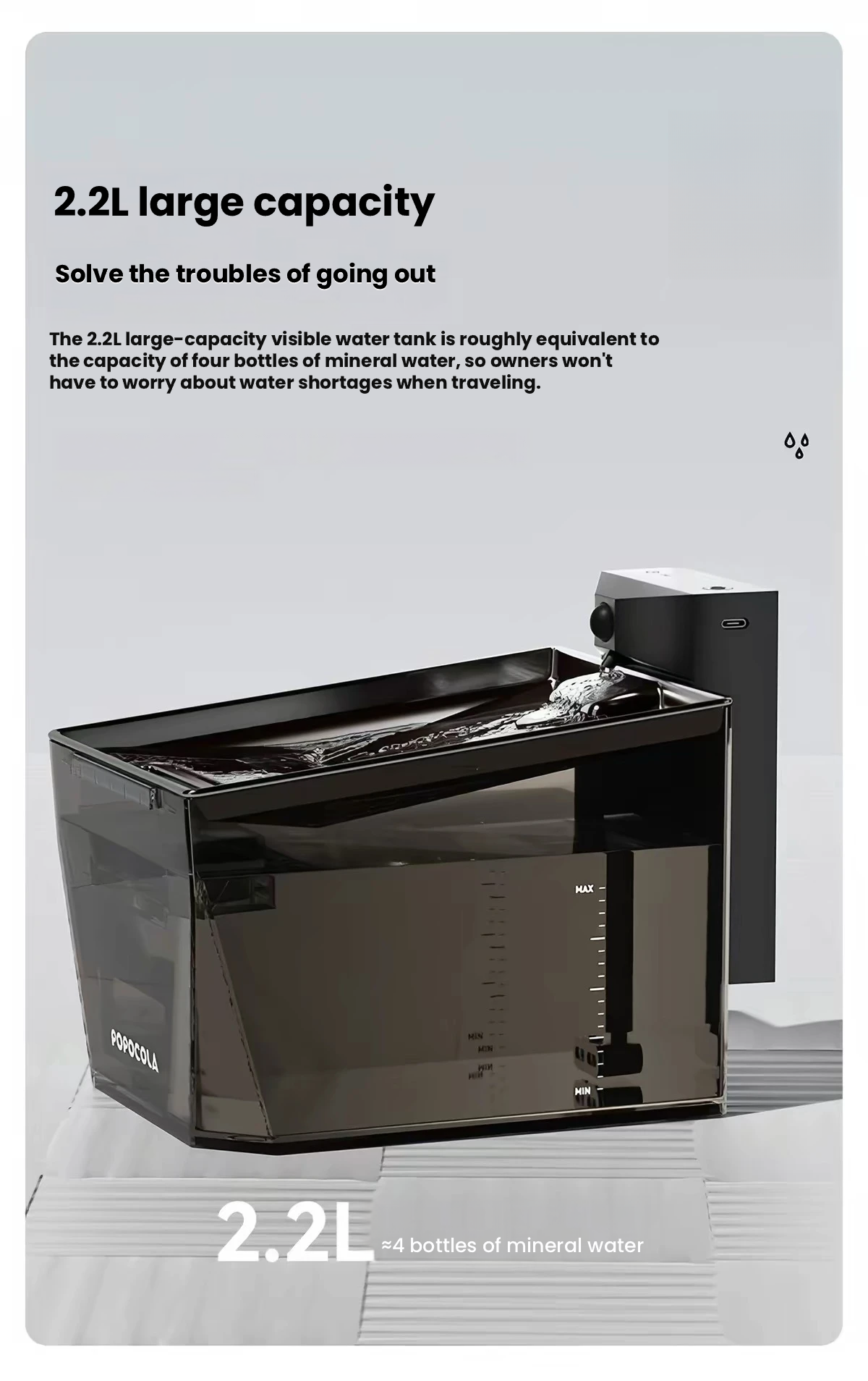 POPOCOLA Cordless Pet Water Fountain – Black