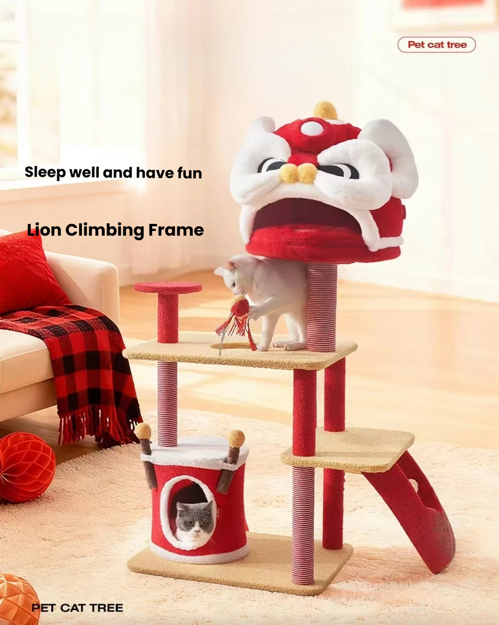 Cats exploring the large multi-level Petstar Lion Dance tree