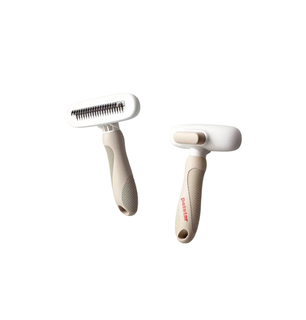 Petstar white and beige deshedding comb shown from the front and rear