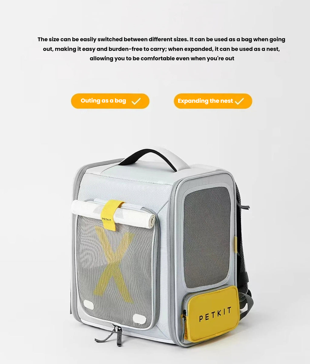 PETKIT carrier shown in backpack, handheld and expanded modes