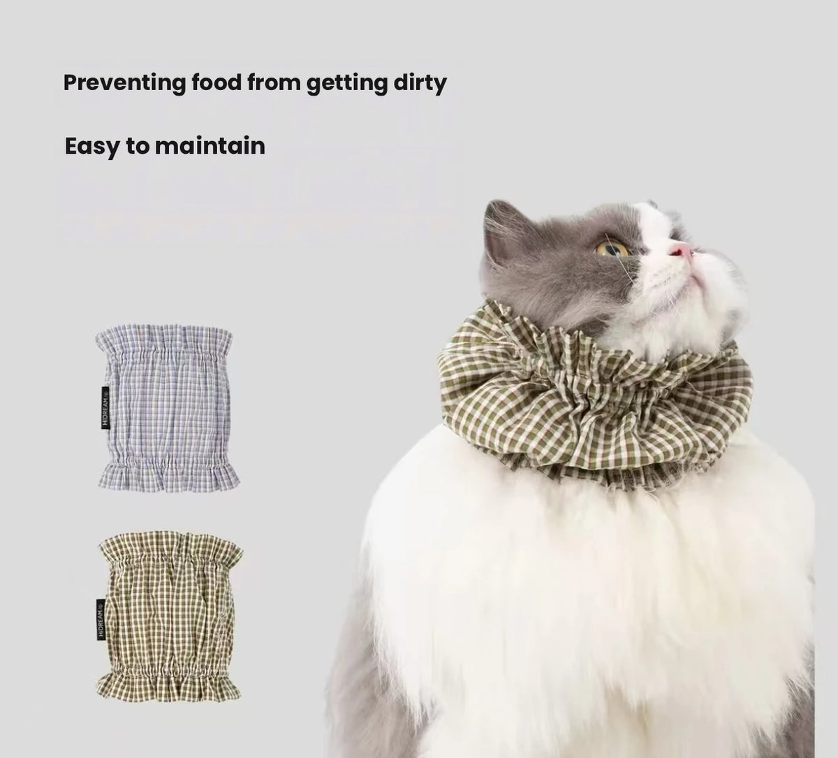 HiDREAM Plaid Pet Feeding Bib - Machine Washable Neck Cover for Long-Haired Cats & Dogs