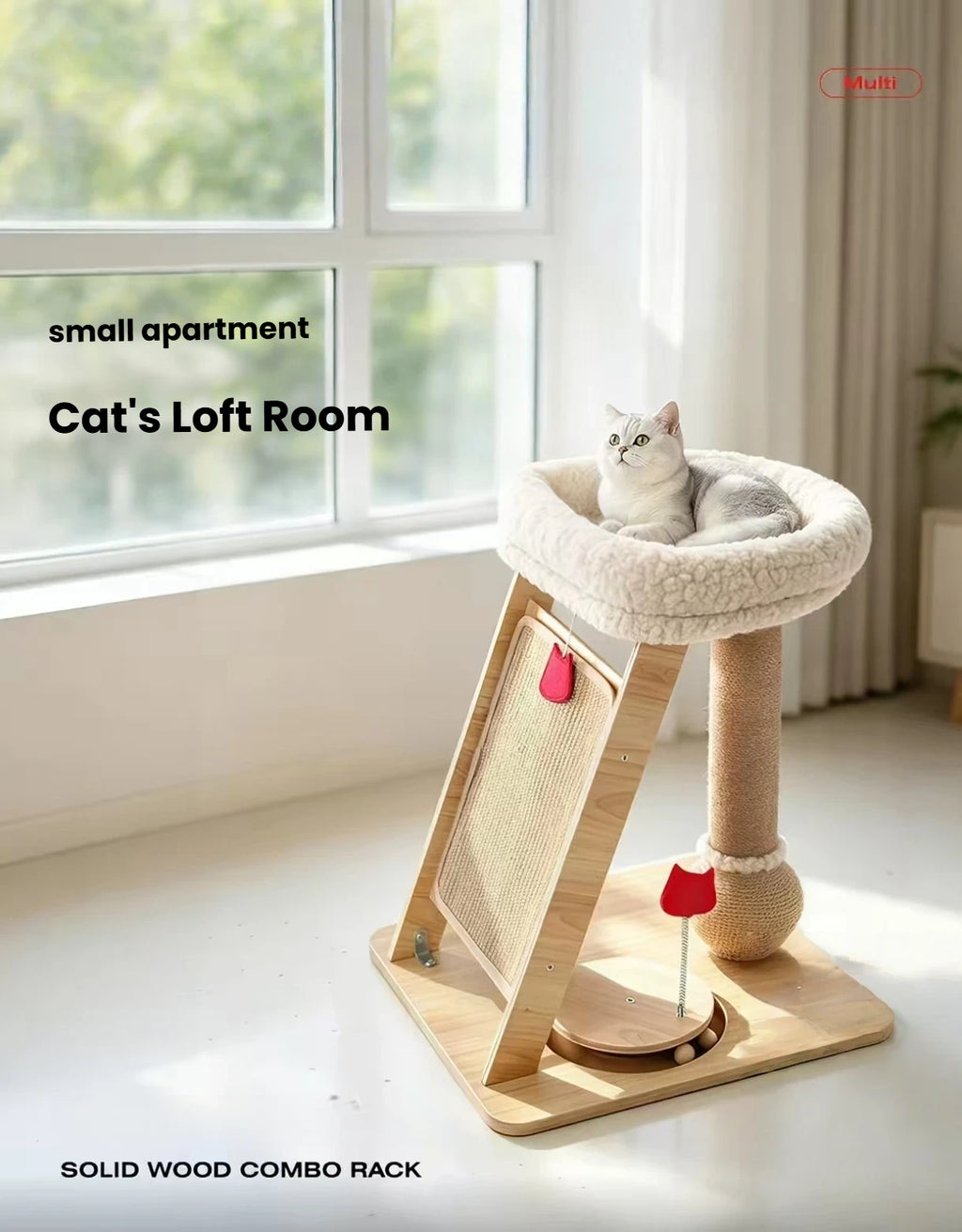 Cat resting on the perch of a compact wooden Petstar cat tree