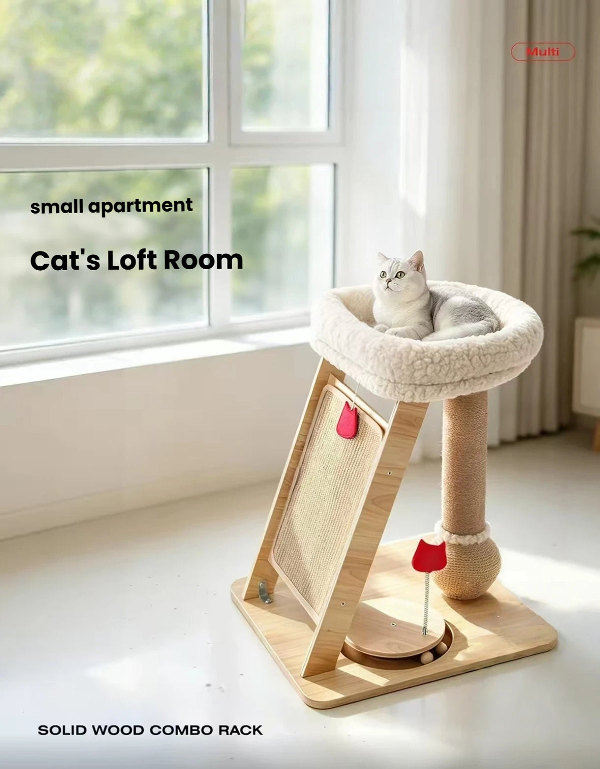 Cat resting on the perch of a compact wooden Petstar cat tree