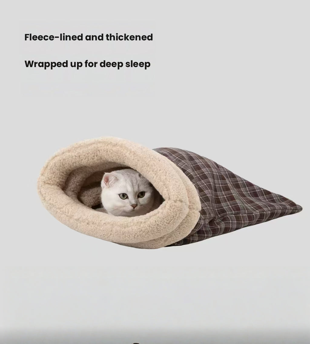 HiDREAM Covered Cave Cat Bed - Thick Warm Plush Sleeping Bag for Indoor Cats