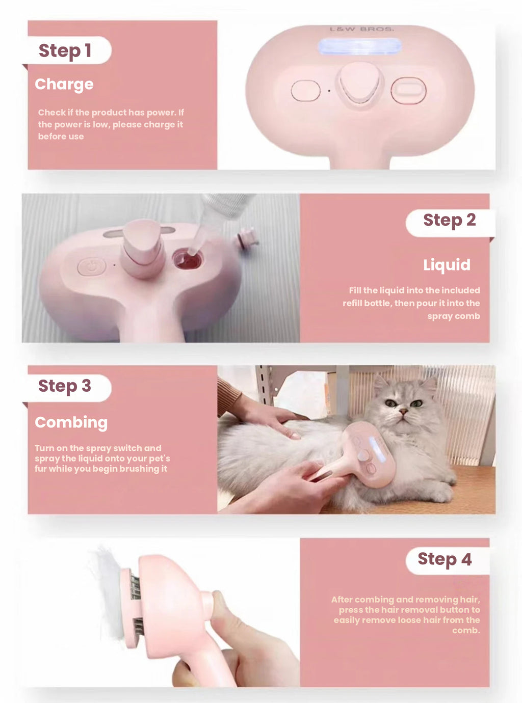 Spray Pet Grooming Brush for Cats & Dogs, Deshedding Comb