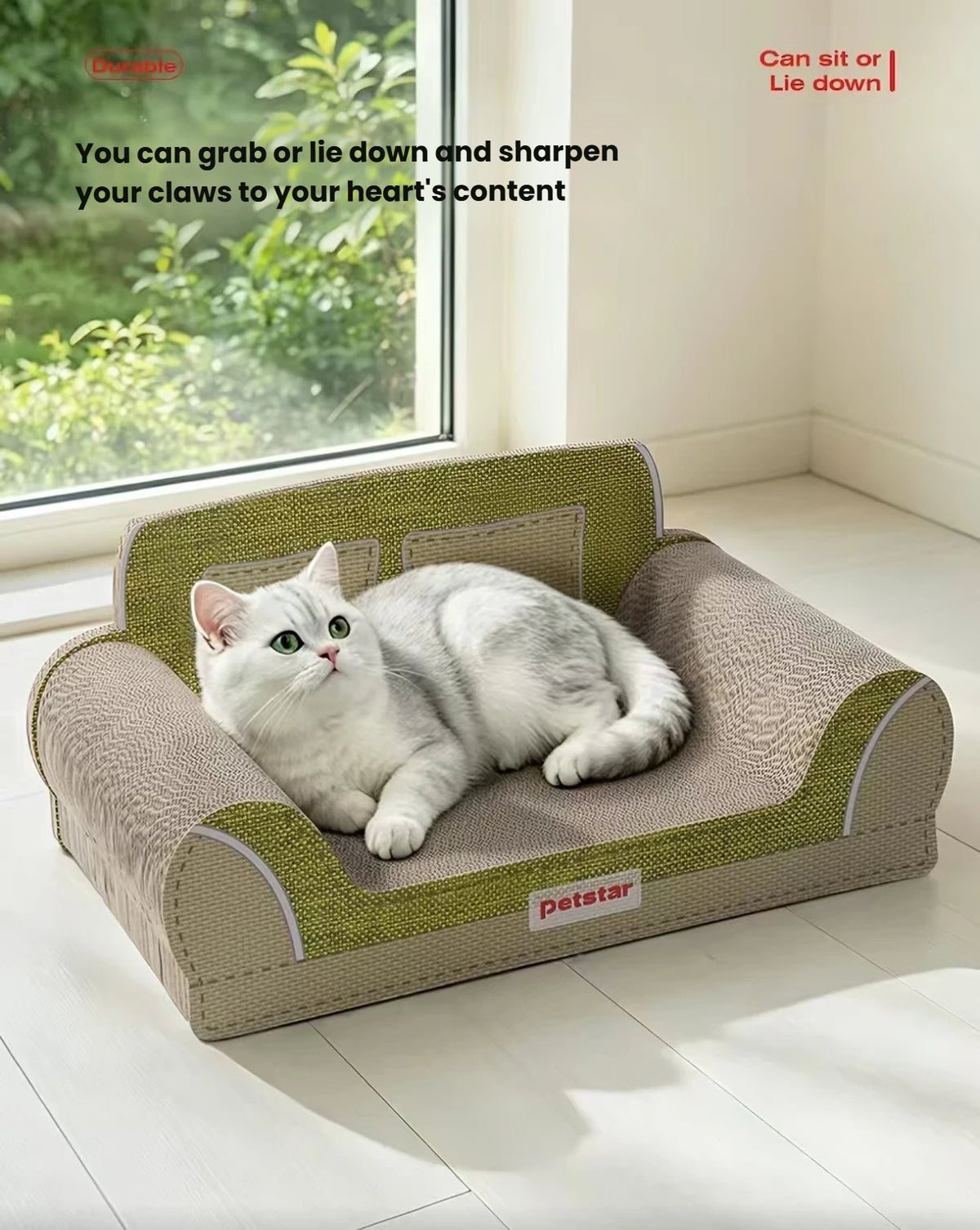 Cat resting between the curved arms of a Petstar scratcher sofa