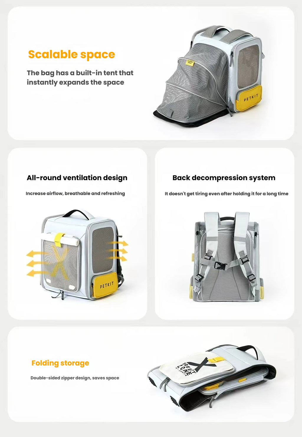 Expandable mesh and ventilation features of the PETKIT carrier