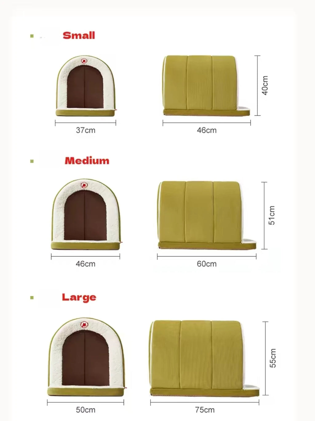 Petstar tent bed size chart for Small, Medium and Large