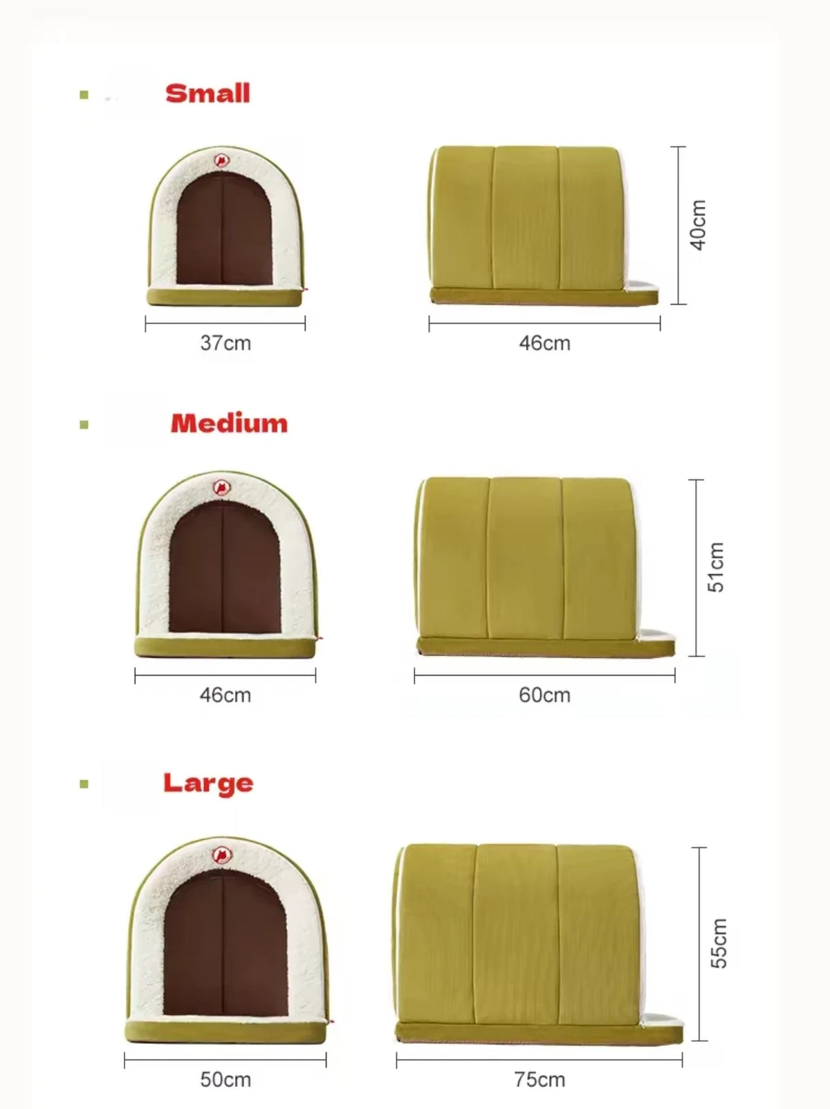 Petstar tent bed size chart for Small, Medium and Large