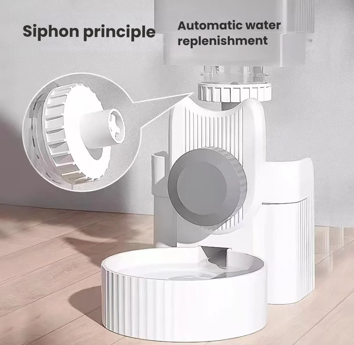 Siphon refill mechanism on the cage-mounted pet water dispenser