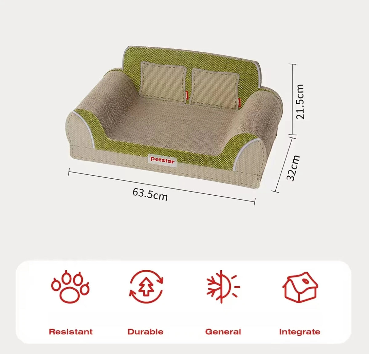 Petstar scratcher sofa size diagram: 63.5 by 32 by 21.5 cm
