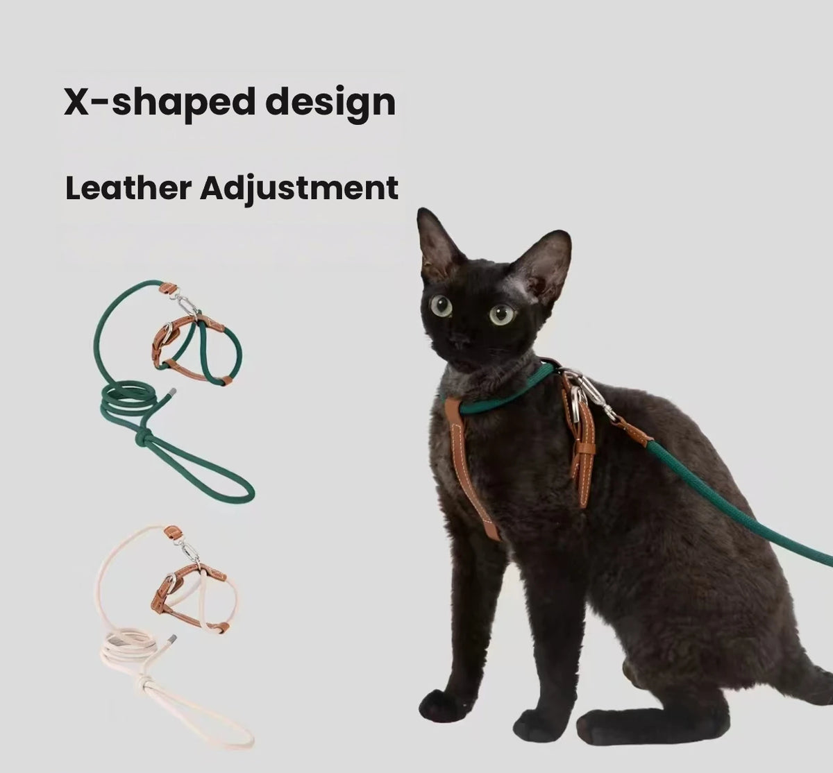 HiDREAM Leather Cat Harness Set - Adjustable Escape-Proof X-Style Harness with Round Leash