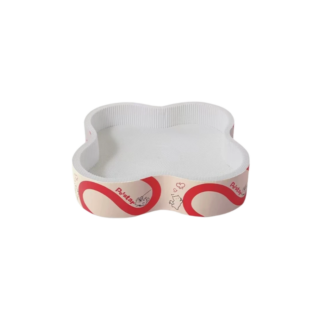Flower-shaped Petstar cat scratcher bed with pale interior and red printed sides