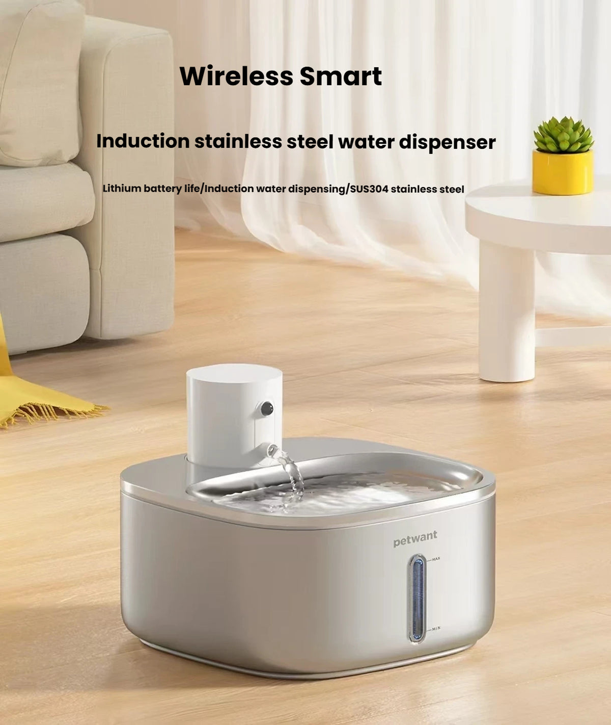 Petwant W4 Cordless Stainless Steel Cat Water Fountain